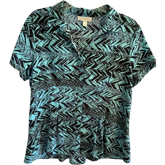 Dana Buchman Southwestern Blouse Womens Large Abstract Blue & Black Zig Zag - Picture 1 of 14